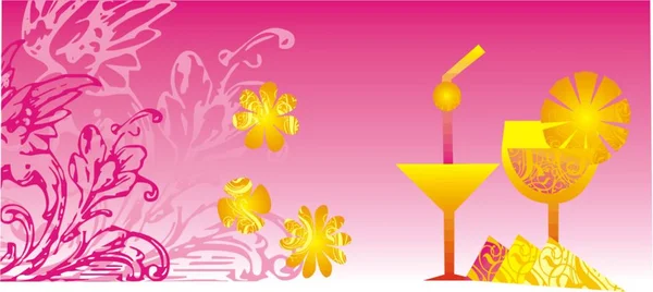 Трендовая векторная иллюстрация двух оранжевых золотых коктейлей на розовом украшенном фоне — стоковый вектор