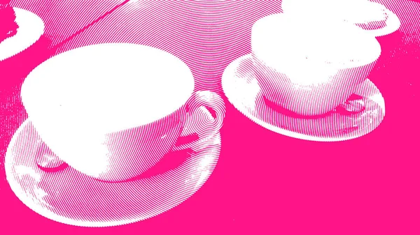 Two cups of coffee magenta on white duotone trendy illustration — Stock Photo, Image