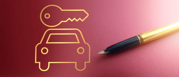 Car and key icons in gradient gold on dark pink and luxury pen. Car insuranse or automobile market concept.