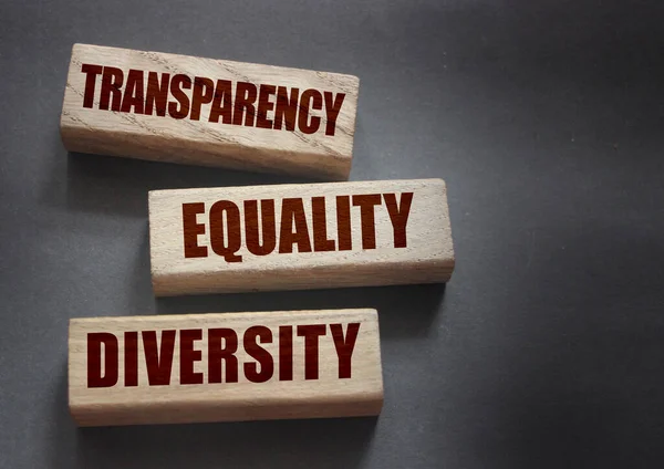Przejrzystość Różnorodność Słowa Długich Drewnianych Blokach Czarnym Tle Koncepcja Równości — Zdjęcie stockowe
