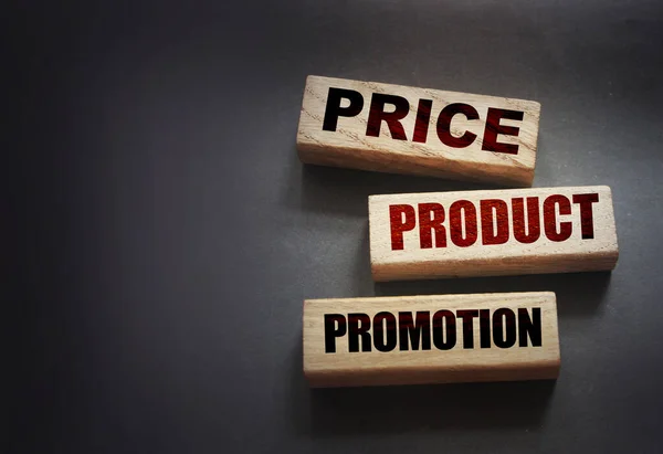 Price Product Promotion Words Wooden Blocks Black Background Marketing Sales — Stock Photo, Image