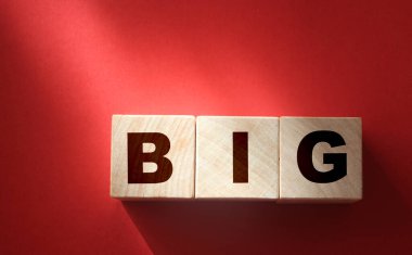 Tahta küplerin kırmızı arka planda büyük yazılışı. Teknoloji konsepti, büyük işletme veya fikir kavramı