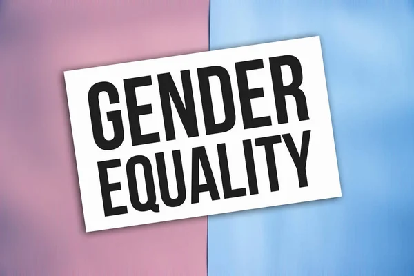 性別ピンクと赤ん坊の青の背景に置かれたカード上の平等の言葉 社会的概念 — ストック写真