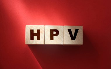 Kırmızıda tahta küplerde HPV İnsan Papillomavirus kısaltması. Sağlık sigortası konsepti. Cinsel yolla bulaşan hastalıklar.