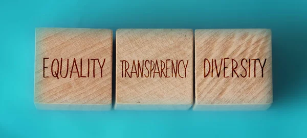 Equality Transparency Diversity Words Written Wooden Cubes Aquamarine Background Equal — Stock Photo, Image