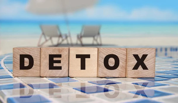 Detox Word Fából Készült Blokkok Álló Uszoda Határok Mozaik Strand — Stock Fotó