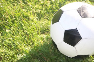 Klasik futbol topu, tipik siyah-beyaz desenli, stadyum sahasının serbest atış noktasına yerleştirilmiş. Geleneksel futbol topu yeşil çimenlik alanda.