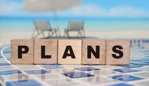 Plans Word Written Wooden Cubes Standing Swimming Pool Border Summer — Stock Photo, Image