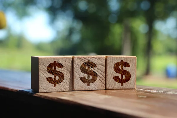 Drewniane Kostki Znakiem Dolara Amerykańskiego Koncepcja Inwestycji Oszczędności — Zdjęcie stockowe