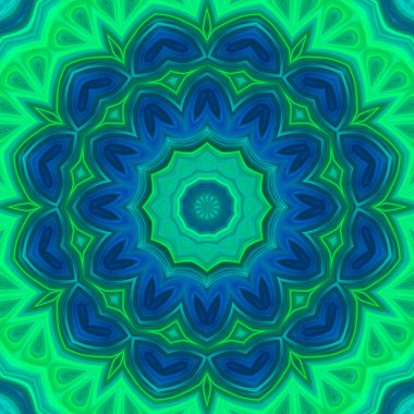 Çember çiçek desenli soyut yeşil mavi mandala, anahata mandala ve agna çakra. Esrarengiz kavram arkaplanı.