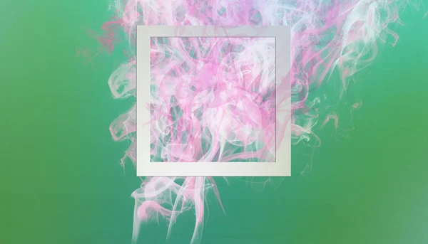 Abstract pink color paint smoke explosion with square frame on green background. Creative minimal design composition with copy space