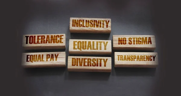 Inclusivity Tolerance Diversity Transparency Concept Wooden Blocks Black Background — Stock Photo, Image