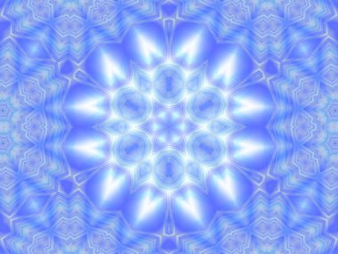 Soyut kaleydoskop mavi ve beyaz arka plan. Süslü kar tanesi deseni