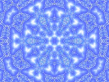 Soyut kaleydoskop mavi ve beyaz arka plan. Süslü kar tanesi deseni