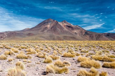 Atacama Çölü'nün volkanlarında parlak güneşli bir gün. Dağlar San Pedro de Atacama'nın güneyinde. Atacama çölünde parlak güneş ışığında çarpıcı manzara, Şili, Güney Amerika