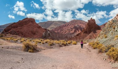 Genç bir kadın Atakama Çölü 'ndeki Gökkuşağı Vadisi' nde cep telefonuyla fotoğraf çekiyor. San Pedro de Atacama 'nın kuzeyindeki dağlar. Şili, Güney Amerika 'daki Atacama Çölü' nde gün ışığında büyüleyici bir manzara.