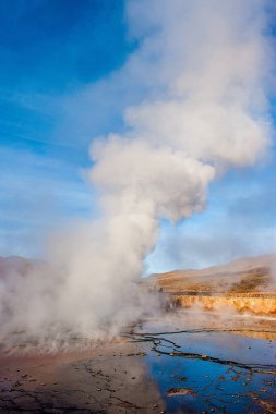 El Tatio, Atacama, Şili. Topraktan aktif gayzerler çıkıyor. Sıcak buhar patlaması, yoğun buhar. Kuzey Şili 'deki Atacama Çölü' ndeki Los Giseres del Tatio bölgesinde gayzer izleyen turistler