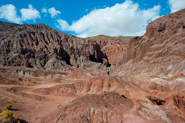 Junge Frau Die Regenbogental Der Atacamawüste Herumläuft Und Ein Foto — Stockfoto