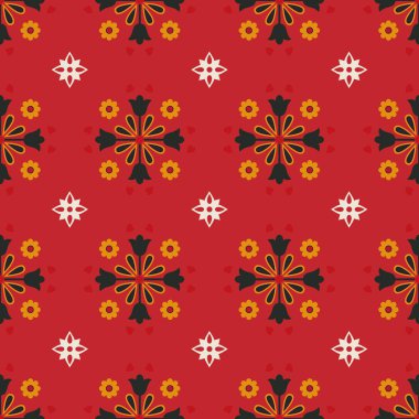 Geometrik vektör dikişsiz desen kırmızı arka plan lı siyah ve sarı çiçek