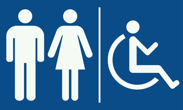 Señal de inodoro - WC icono conjunto aislado sobre fondo azul hombre, mujer y personas con discapacidad — Vector de stock