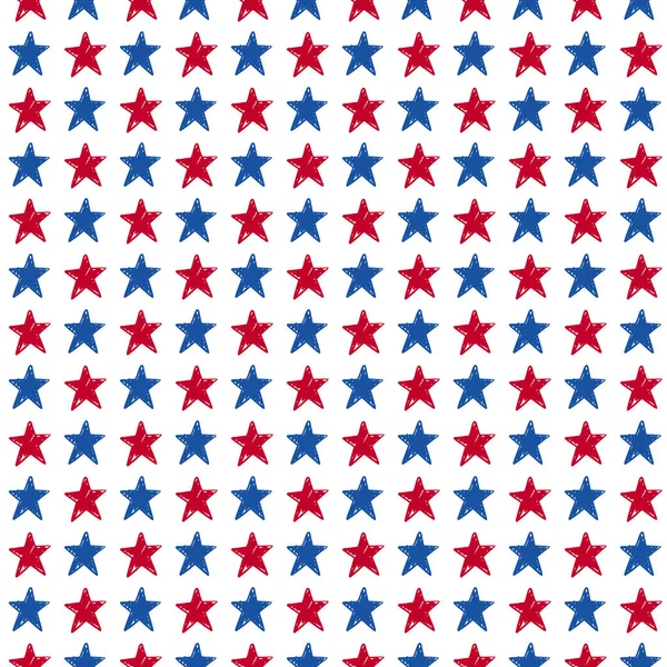 Bandeira americana colorida desenhada à mão azul, padrão sem costura estrela vermelha no fundo branco — Vetor de Stock