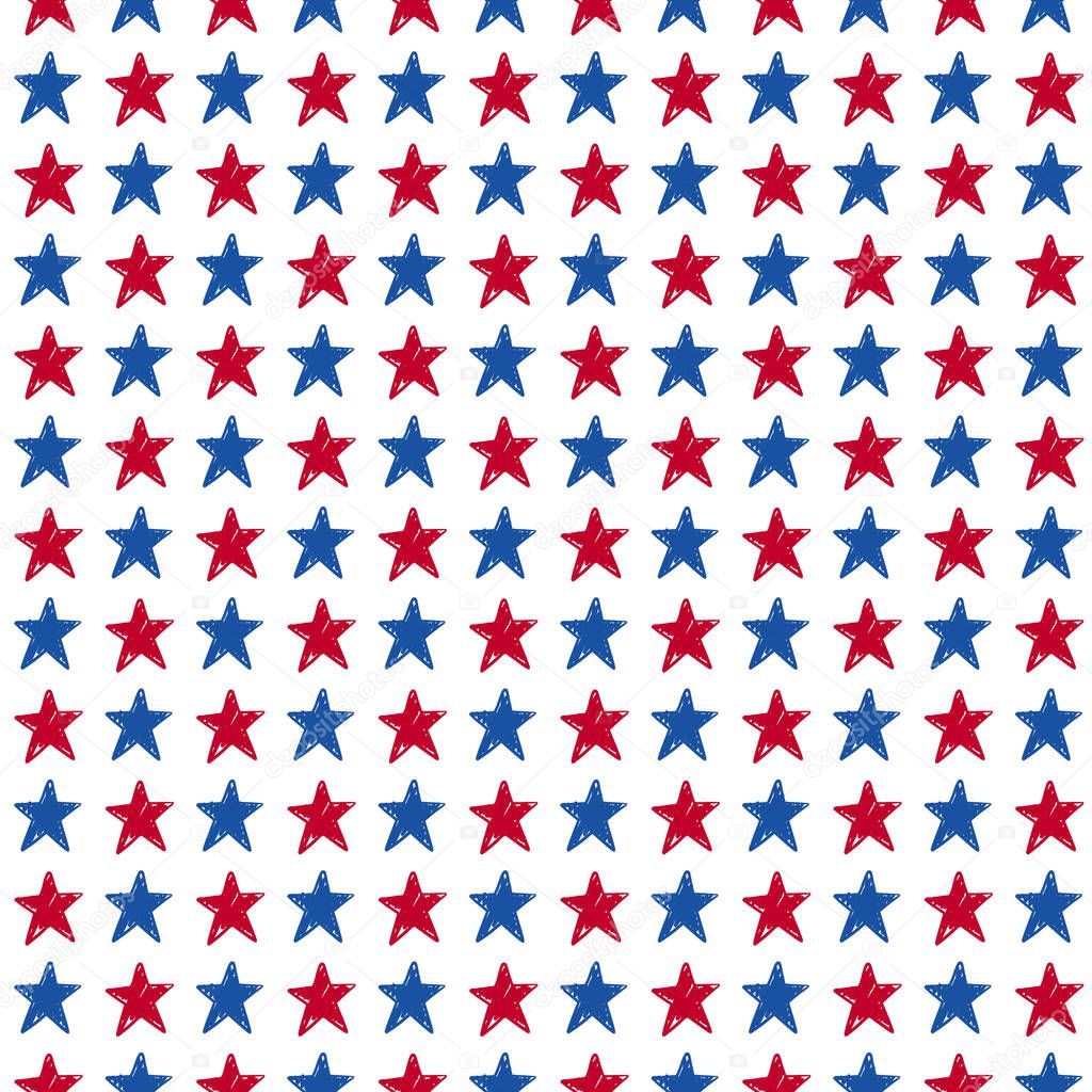 Hand drawn colorful american flag blue, red star seamless pattern on white background