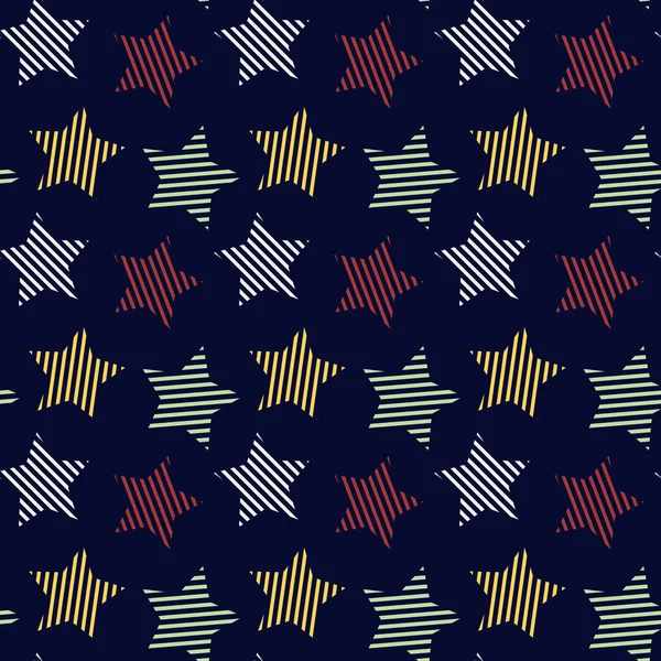 Feestelijke ontwerp Stars and Stripes naadloze patroon op donker blauwe achtergrond — Stockvector