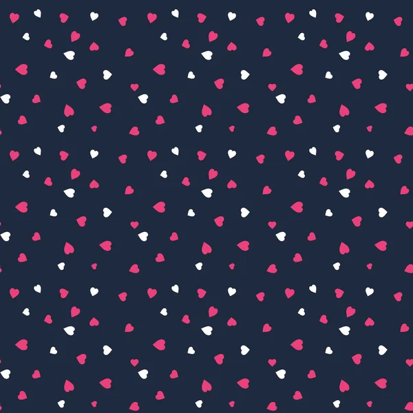 ピンクとホワイトハートシームレスパターンベクトル 濃い青色の背景 ファブリック バナー パッキング 壁紙やギフトワープに最適 — ストックベクタ