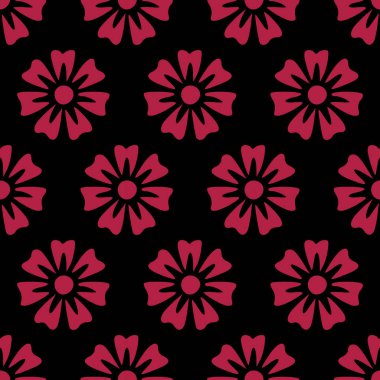 Geometrik pembe-kırmızı çiçek dikişsiz desen vektör siyah arka plan
