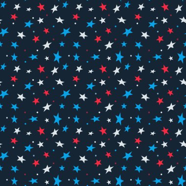 Kırmızı, mavi, beyaz konfeti yıldızı mavi arka planda kusursuz desen. Tekstil kumaş elbise, doğum günü fon tasarımları..