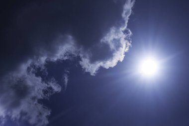 Mavi gökyüzü, beyaz bulutlar ve güneş