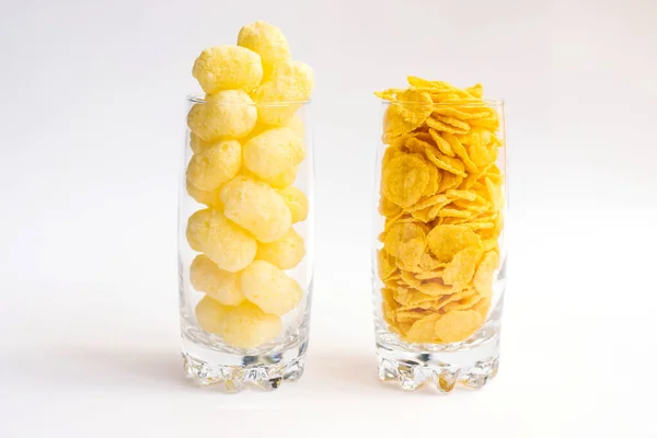 Two Glass Glasses Filled Corn Flakes Corn Sticks Light Delicious — Stock Photo, Image