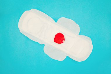 Mavi arka planda kırmızı gül yapraklı kadın pedi. Tıbbi fotoğraf konsepti. Jinekolojik adet döngüsü. Kritik günlerde kadın hijyeni.