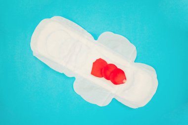 Mavi arka planda kırmızı gül yapraklı kadın pedi. Tıbbi fotoğraf konsepti. Jinekolojik adet döngüsü. Kritik günlerde kadın hijyeni.