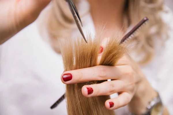 A young woman cuts her hair with scissors. The girl combs her hair. Professional hair care products.Haircut in a beauty salon.