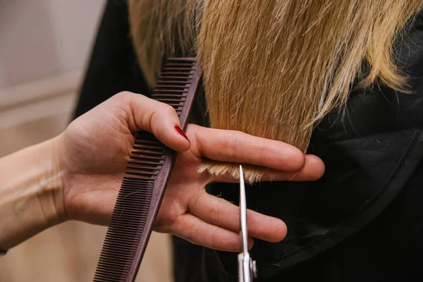 Молода Жінка Вирізає Волосся Ножицями Дівчина Розчісує Волосся Професійні Засоби — стокове фото
