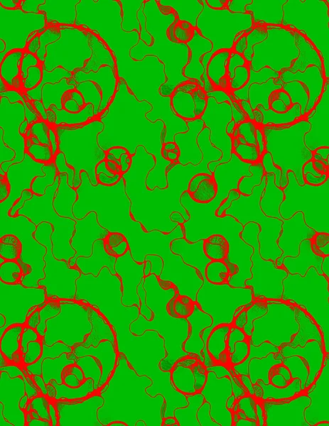 Seamless Pattern Drawn Luminous Red Circles Random Lines Green Background — Stock Photo, Image