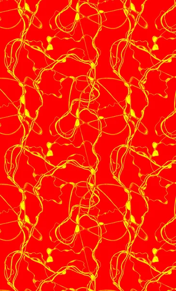 Seamless abstract lines pattern. A concept picture of endless luminious yellow lines against a red background. Simple pencil drawing. Manual graphics.