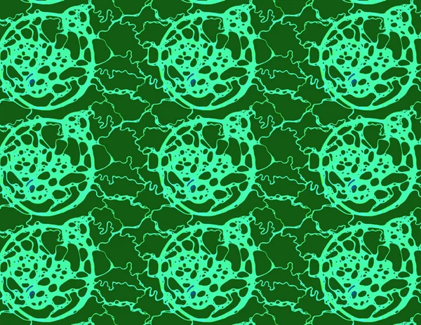 Seamless abstract pattern drawn with circles and random curved lines against a dark green background. Manual graphics.