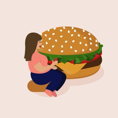 Burger'li bir kadının vektör illüstrasyonu. Fast food. Abur cubur
