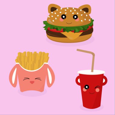 Yemek çizimleri. Hamburger, patates kızartması, kulaklarla içki. Fast food kawaii. Kawaii 'yi hazırla.