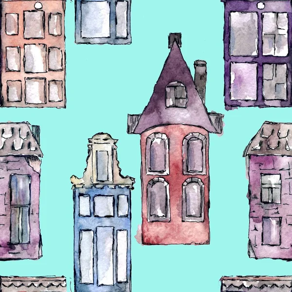 Watercolor painted traditional old buildings in Amsterdam, the Netherlands, seamless pattern. Hand drawing Amsterdam old houses for postcards, card boards.