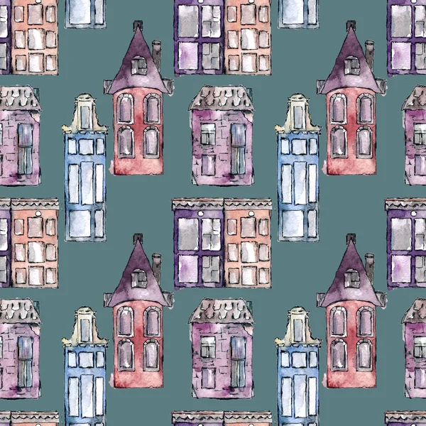 Aquarell bemalte traditionelle alte Gebäude in Amsterdam, Niederlande, nahtloses Muster. Handzeichnung amsterdam alte häuser für postkarten, kartentafeln. — Stockfoto