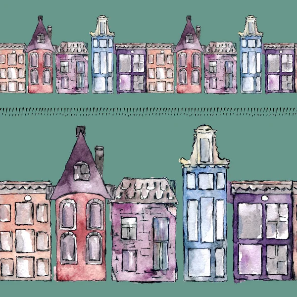 Akvarel namalovala tradiční staré budovy v Amsterdamu, N — Stock fotografie