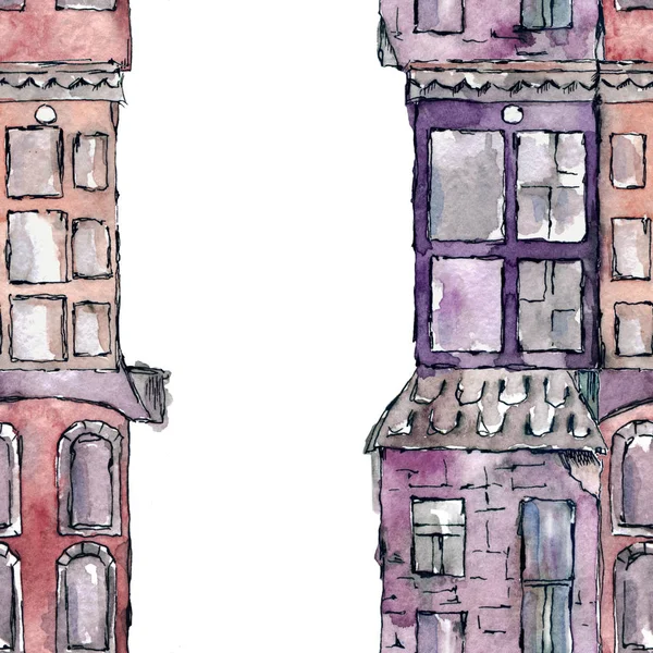 Akwarela malowane tradycyjne stare budynki w Amsterdamie, Holandia, bezszwowe wzór. Rysunek ręki Amsterdam stare domy na pocztówki, tablice kart. — Zdjęcie stockowe