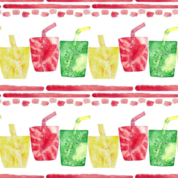 Akvarell zökkenőmentes mintázat trópusi koktélok, gyümölcsök, bogyók. Strand háttér a nyaralás kártya, menü, csomagolópapír. Kézzel festett lé italok illusztráció. — Stock Fotó