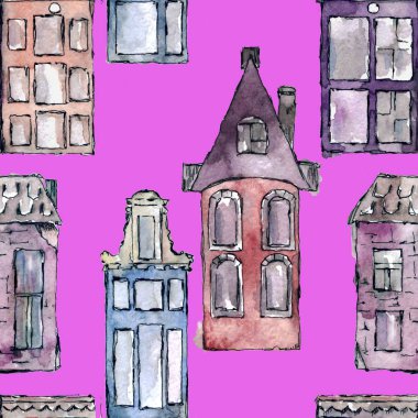 Suluboya Amsterdam, Hollanda, dikişsiz desen geleneksel eski binalar boyalı. Kartpostallar, kart panoları için el çizim Amsterdam eski evler.