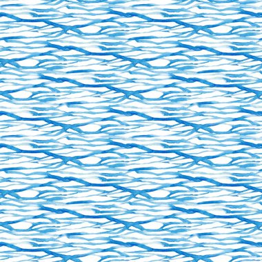 Mavi boya fırçası, çizgi, konturlar, çizgiler ile dikişsiz soyut renkli suluboya deseni. El çizimarka planı