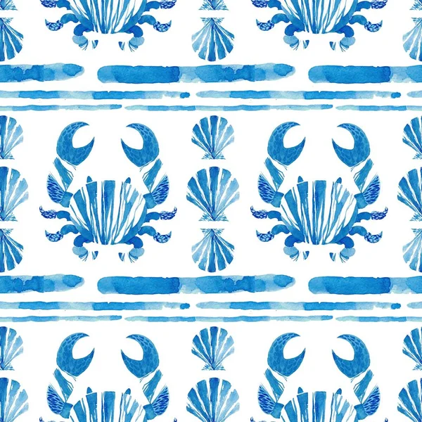 Aquarelle motif sans couture avec coquille de mer bleue et crabe. Fruits de mer fond aquarelle. Illustration coquille — Photo