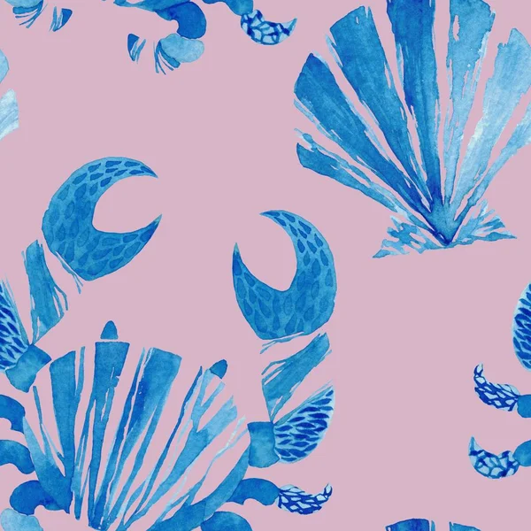 Padrão sem costura aquarela com concha azul do mar e caranguejo. Marisco aquarela fundo. Ilustração da concha marinha — Fotografia de Stock